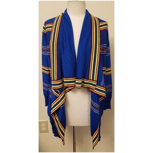 Exclusively Misook Waterfall Asymmetrical Cardigan Size-L Blue/Multicolor Stripe